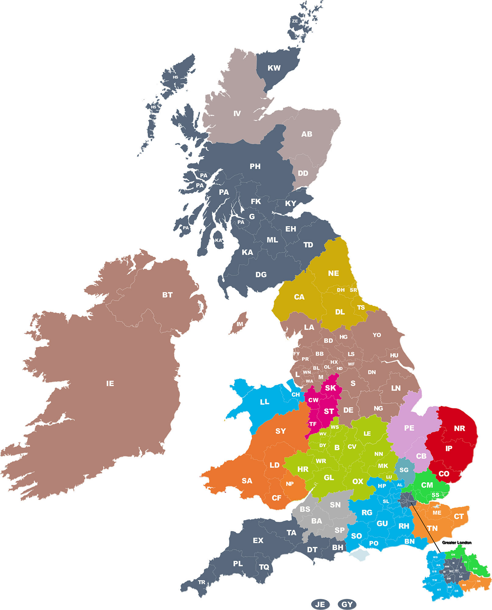 A UK map compartmentalised by post code regions denoting distributors